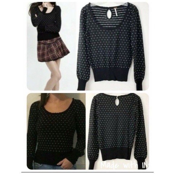 NWT Free People Retro Love Polka Dot Ruffled Scoopneck Sweater M Black wool - Picture 1 of 11